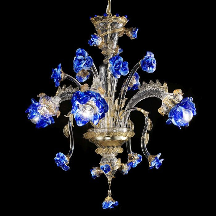 Gold & blue Murano glass flower chandelier in 9 sizes