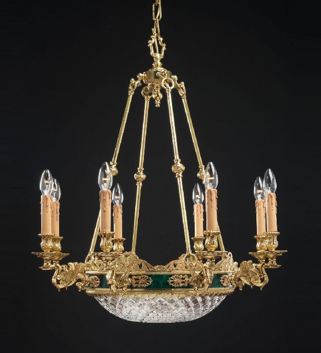 French gold and green malachite chandelier