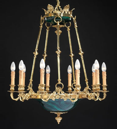 10 light French gold chandelier with malachite bowl