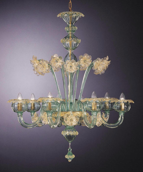 Handblown green and gold Murano glass chandelier with 8 lights