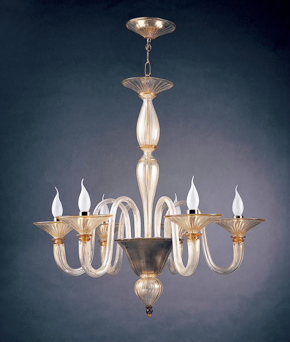 Elegant clear and gold Murano glass chandelier with 6 lights