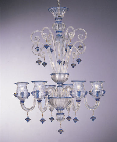 Clear Glass Murano Chandelier With Blue And Gold Trim