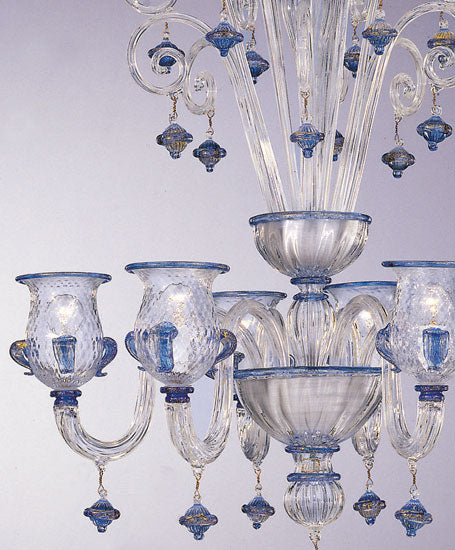 Clear Glass Murano Chandelier With Blue And Gold Trim