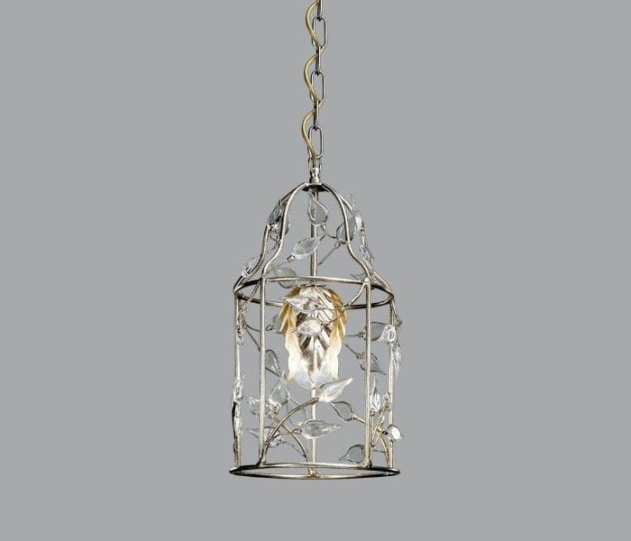 Wire Frame Hanging Ceiling Lantern with Silver Metal Leaves