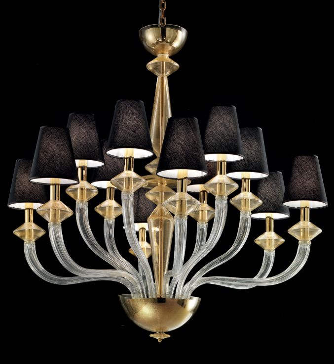 Large  Venetian Chandelier With Clear And Gold Glass And 12 Shades