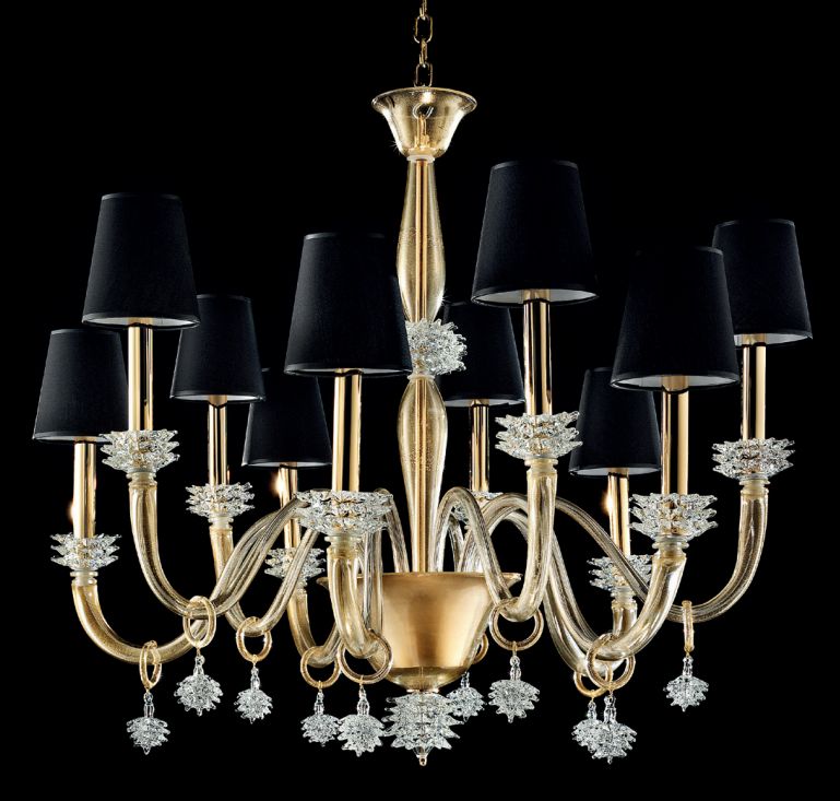 Exquisitely handcrafted 10 light Murano chandelier with 24 carat gold