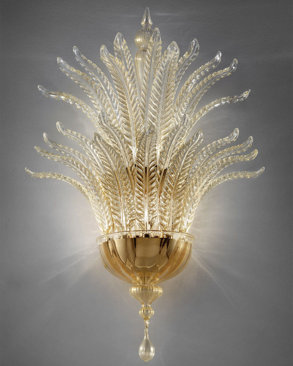 Clear Murano Glass Leaf Wall Light With Gold Or Silver