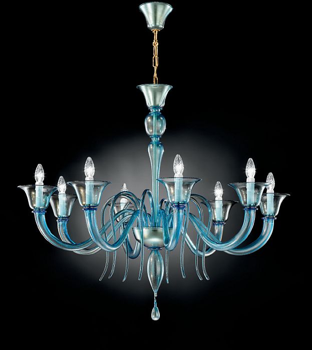 Beautiful aquamarine Murano glass chandelier with 8 lights