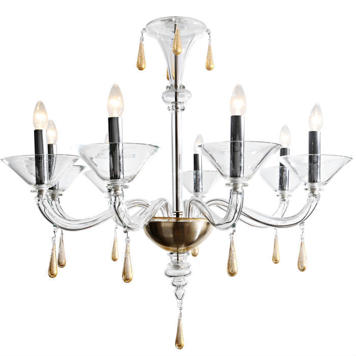 Venini clear Murano glass chandelier with gold decoration