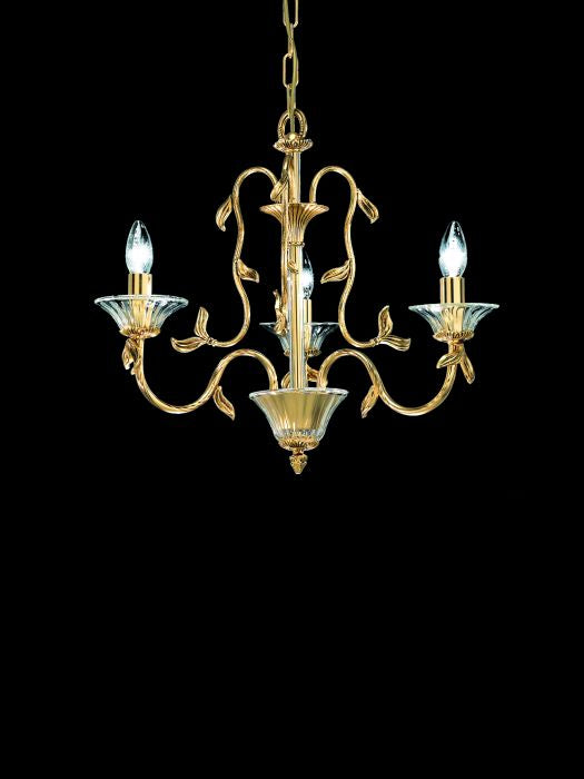 Golden 3 light Italian chandelier with Murano glass bobeches