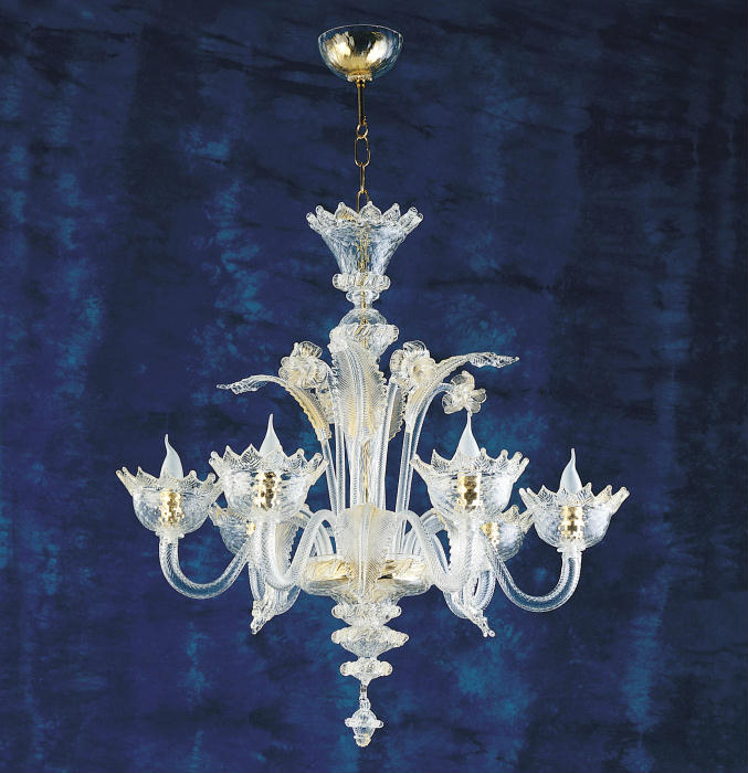6 Light Murano crystal and gold chandelier