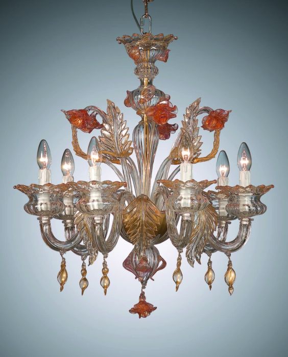 Small Murano chandelier with orange & gold glass flowers