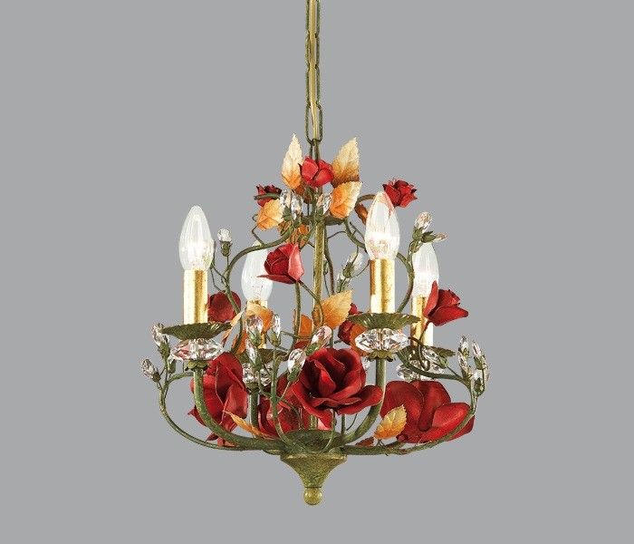Green Metal Chandelier with Red Roses & Swarovski Elements
