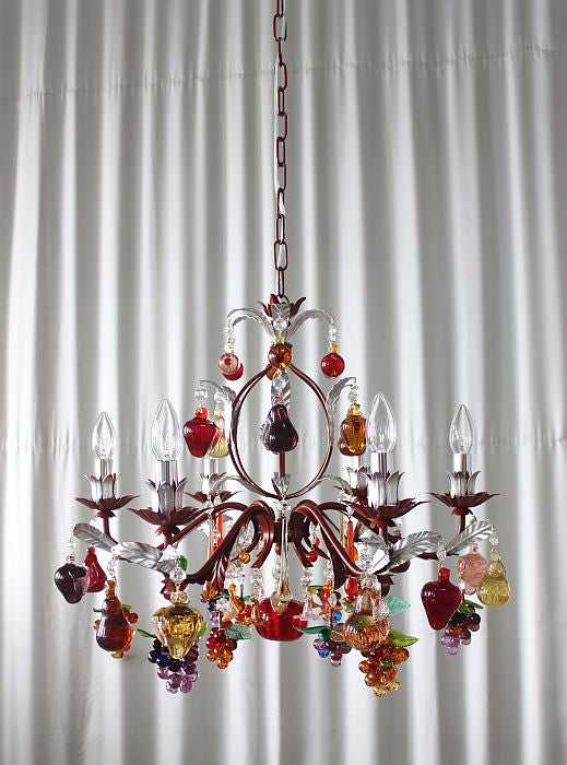 6 light Murano glass fruit chandelier with painted red frame