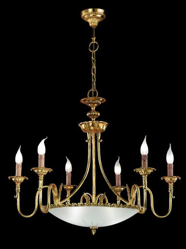 8 light Italian gold-plated chandelier with ornate crystal bowl