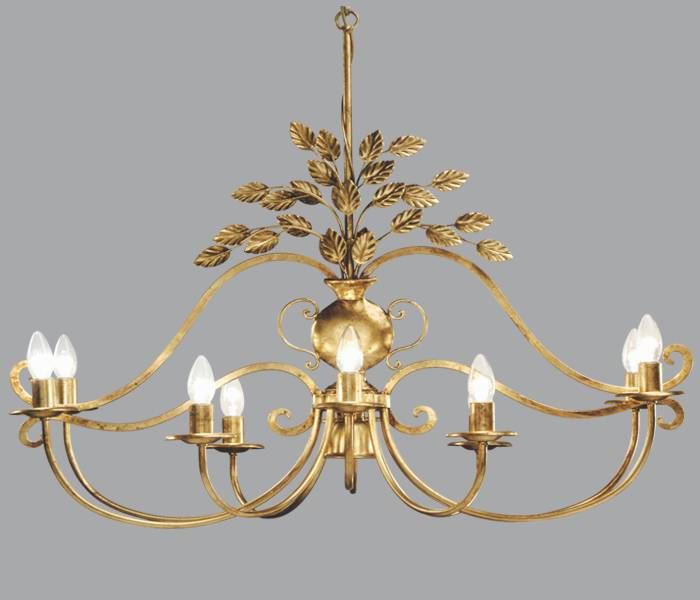 Ten Lamp Gold Metal Chandelier with Vase & Leaf Design