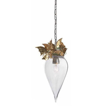 Glass Teardrop Chandelier With Gold Metal Butterflies