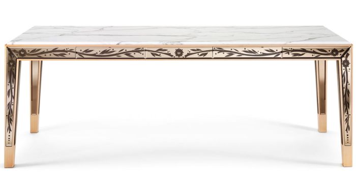 Modern marble-topped table with bronze Venetian glass inserts