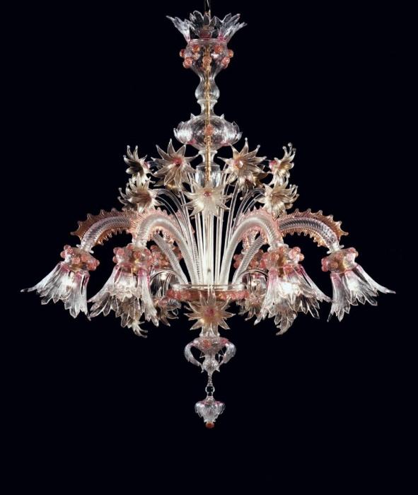 Ruby and gold Murano glass 6 light floral chandelier