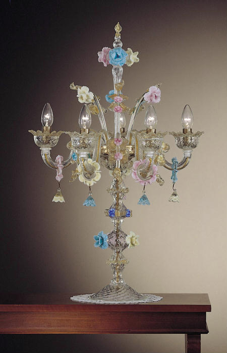 Tall Murano glass flambeau lamp with ceramic flowers