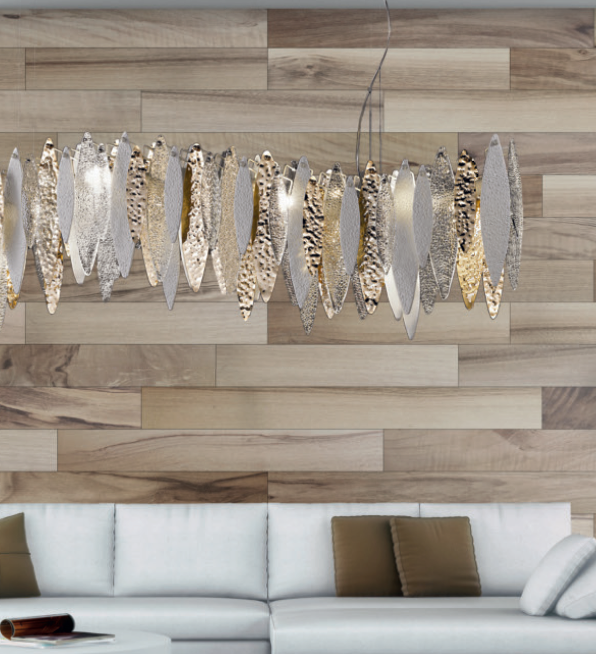 Modern White, Gold & Clear Hanging Light With Murano Glass Leaves