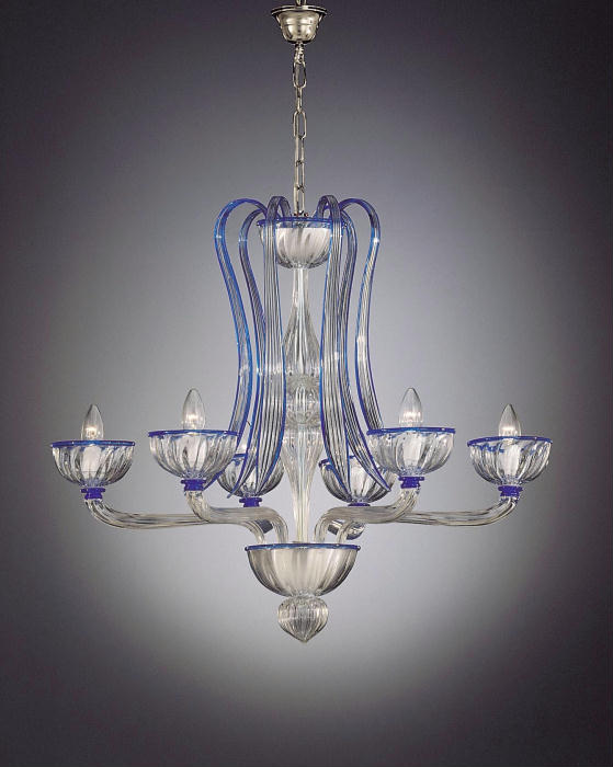 Murano 6 light clear glass chandelier with blue trim