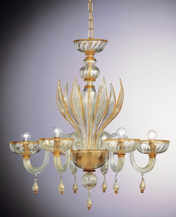 Murano clear glass chandelier with amber trim