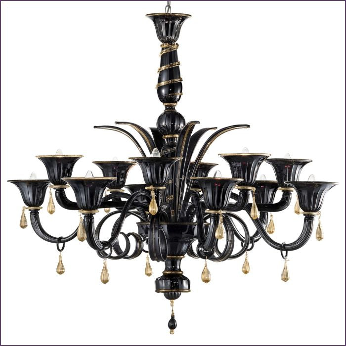 Dramatic black & gold Murano glass chandelier in 3 sizes