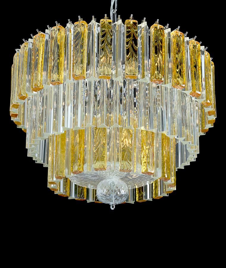Beautiful large modern mid-century chandelier with clear and amber Murano glass prisms