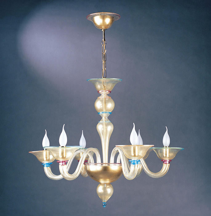 Golden Murano glass chandelier with colourful accents