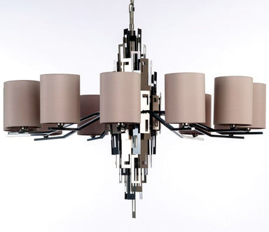 Striking modern silver nickel chandelier with 12 silk shades