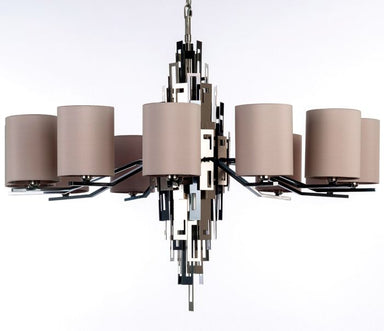 Striking Modern Silver Nickel Chandelier With 12 Silk Shades