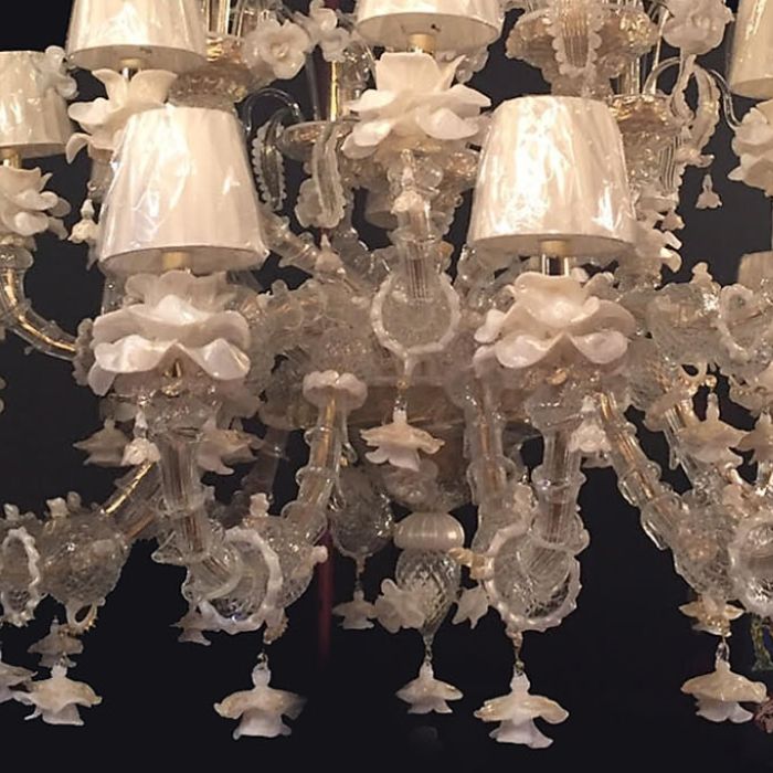 White 30 arm Murano glass Rezzonico style chandelier with shades