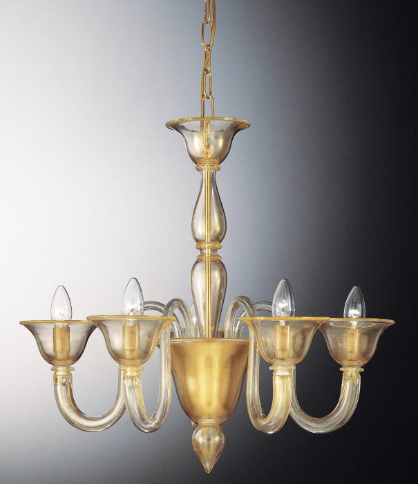 Gold Murano glass 5 arm chandelier with 24 carat gold