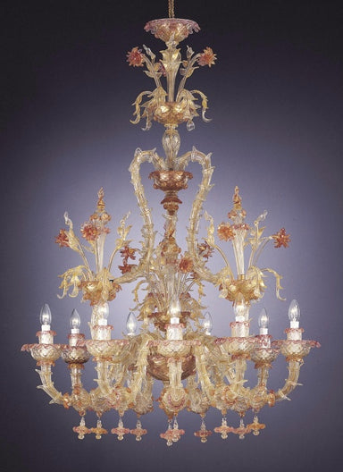 Golden 9 Light Murano Glass Chandelier With Pink Flowers