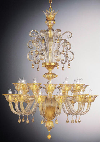 Venetian clear glass 24 light chandelier with 24 carat gold