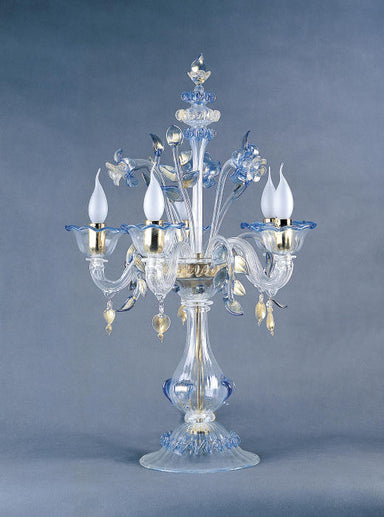 Clear Murano glass flambeau table lamp with blue flowers