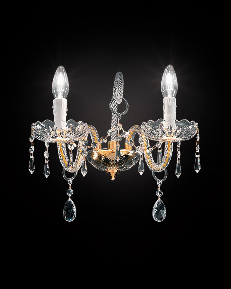Exquisitely-crafted chrome or gold Italian wall light with Asfour crystal decoration