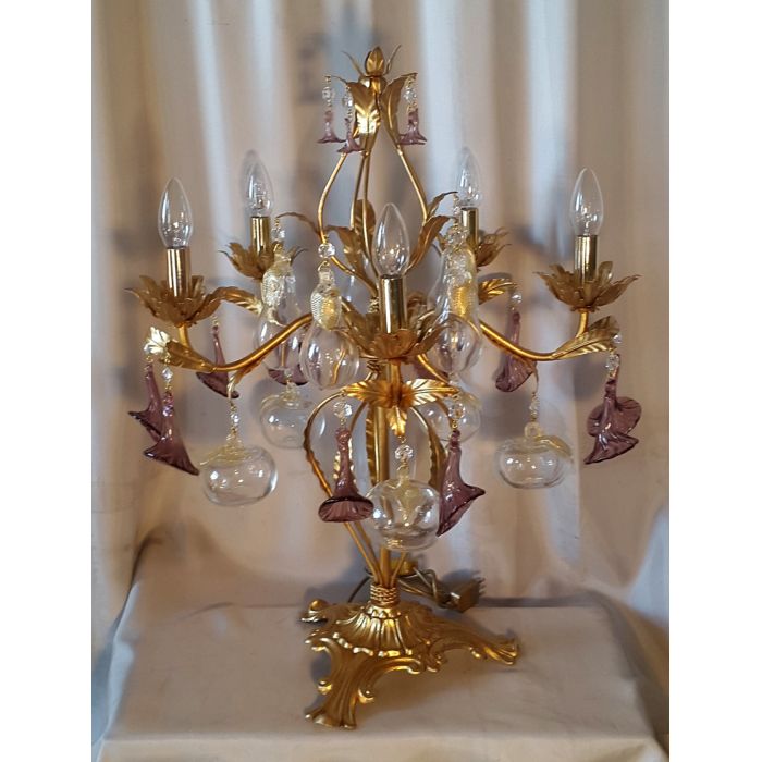 Gold Table Lamp with Murano Glass Fruits