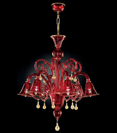 Red Murano Glass Chandelier With 6 Bell-Shaped Lights