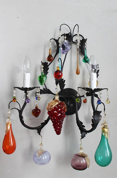 Black metal wall light with coloured Venetian glass fruits