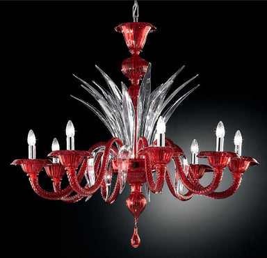 Modern Red, Black, Or White Murano Glass Chandelier With Clear Glass Detail