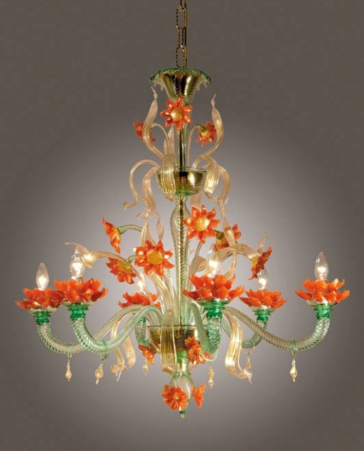 Orange and green Murano glass flower chandelier