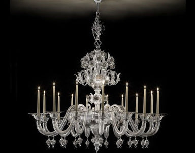 Clear Murano glass 15 light chandelier with grey decoration