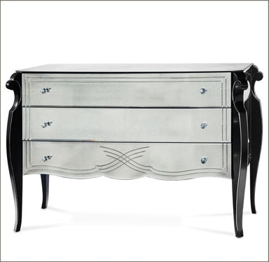 Black wood and Venetian mirror glass chest of drawers