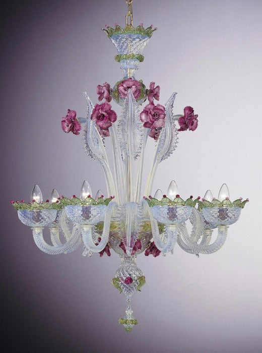 Murano glass chandelier with pink ceramic roses