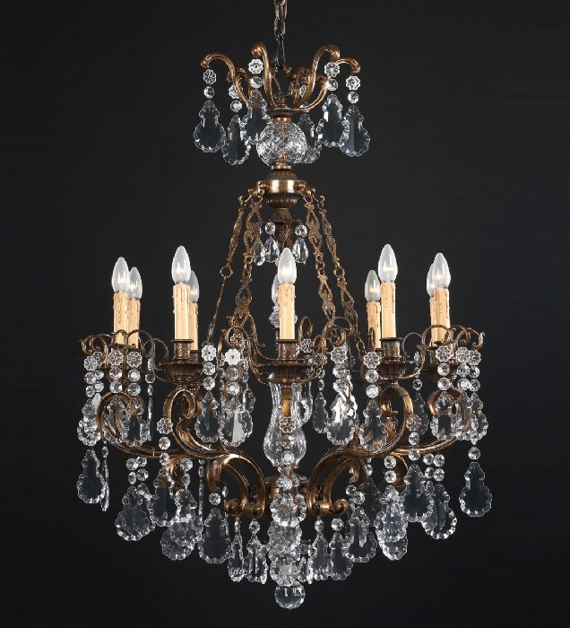 10 light brass chandelier with hand cut Bohemian crystals