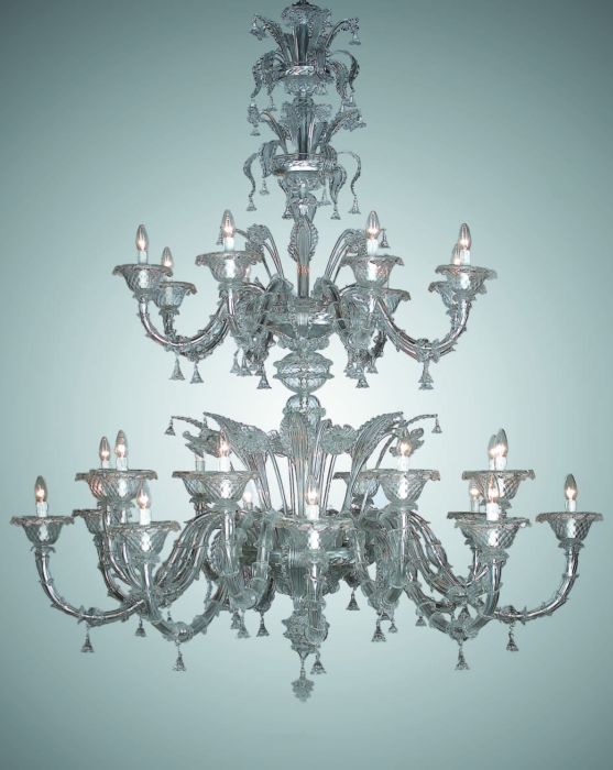 Opulent clear Murano glass 24 light chandelier