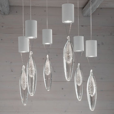 Modern clear glass light fitting with 6 pendants in pink & blue