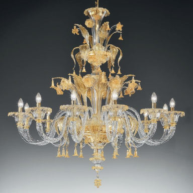 Clear Murano Glass Chandelier With Gold Decorations